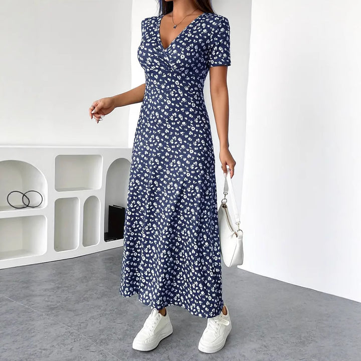 Women nan tailored V-neck wrap maxi dress made of viscose jersey with short sleeves and A-line hem StylebySassy