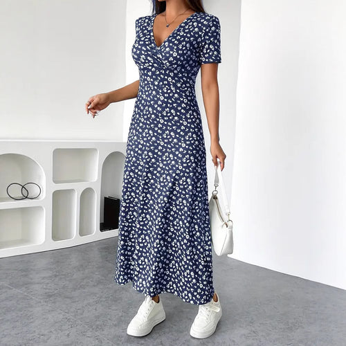 Women nan tailored V-neck wrap maxi dress made of viscose jersey with short sleeves and A-line hem StylebySassy