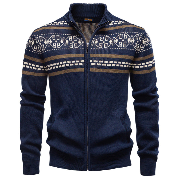 Men's knitted jacket with full zipper, stand-up collar and Nordic geometric intarsia pattern StylebySassy