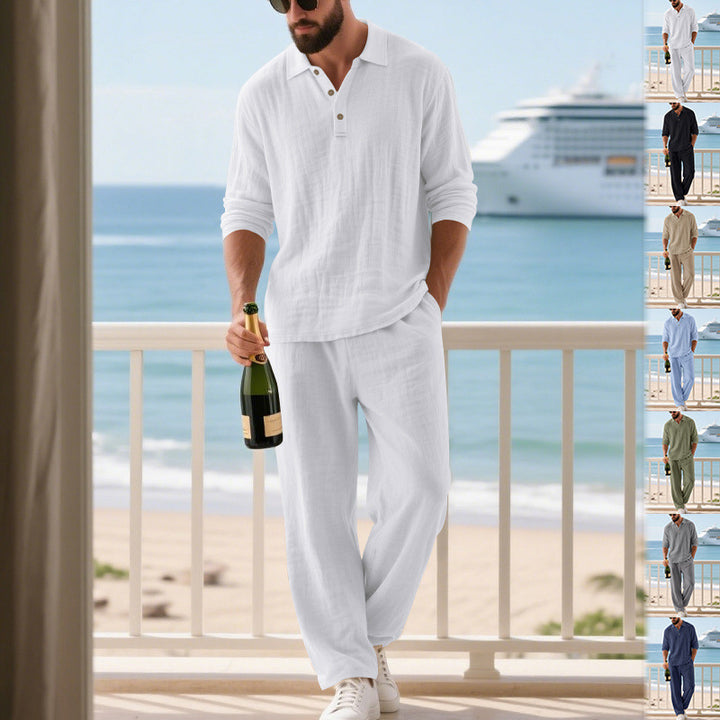 Men's relaxed cotton muslin resort set with polo collar button placket and wide comfort waistband StylebySassy