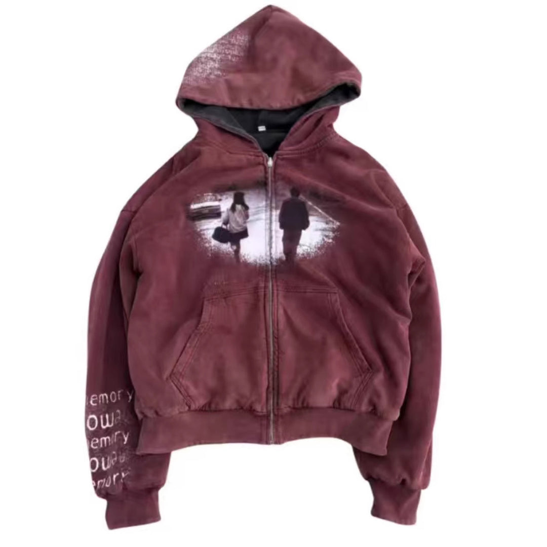 Unisex nan Hooded jacket with continuous zipper, used effect, double-layer hood and sleeve print StylebySassy