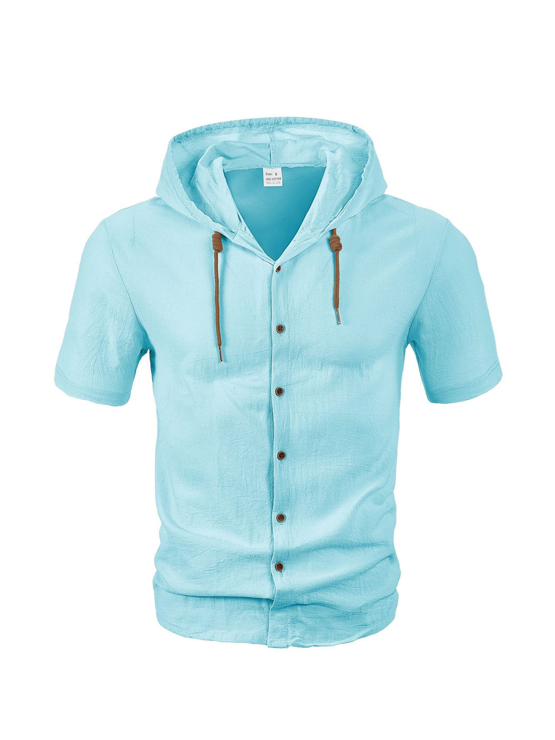Men's crinkled short-sleeve hooded shirt made of cotton with button placket and drawstring StylebySassy