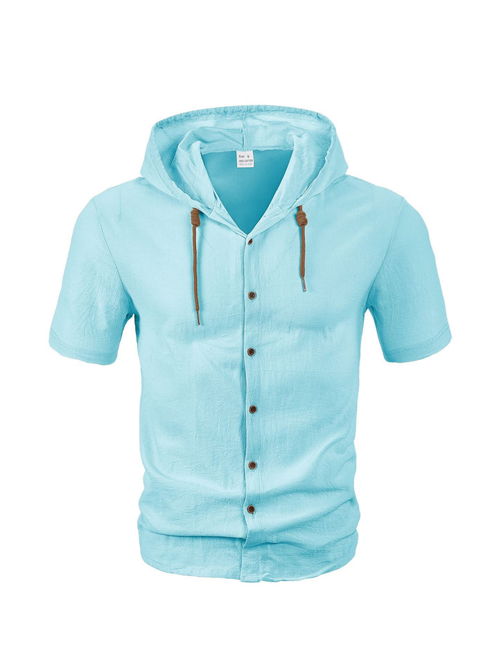Men's crinkled short-sleeve hooded shirt made of cotton with button placket and drawstring StylebySassy
