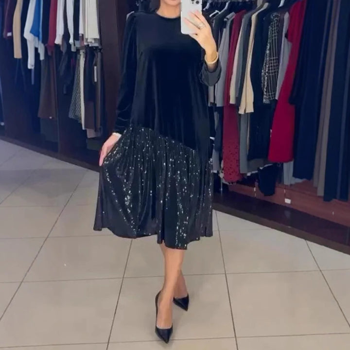Women's Velvet Midi Dress with Pleated Sequin Skirt, Loose A-Line Cut and Round Neckline StylebySassy