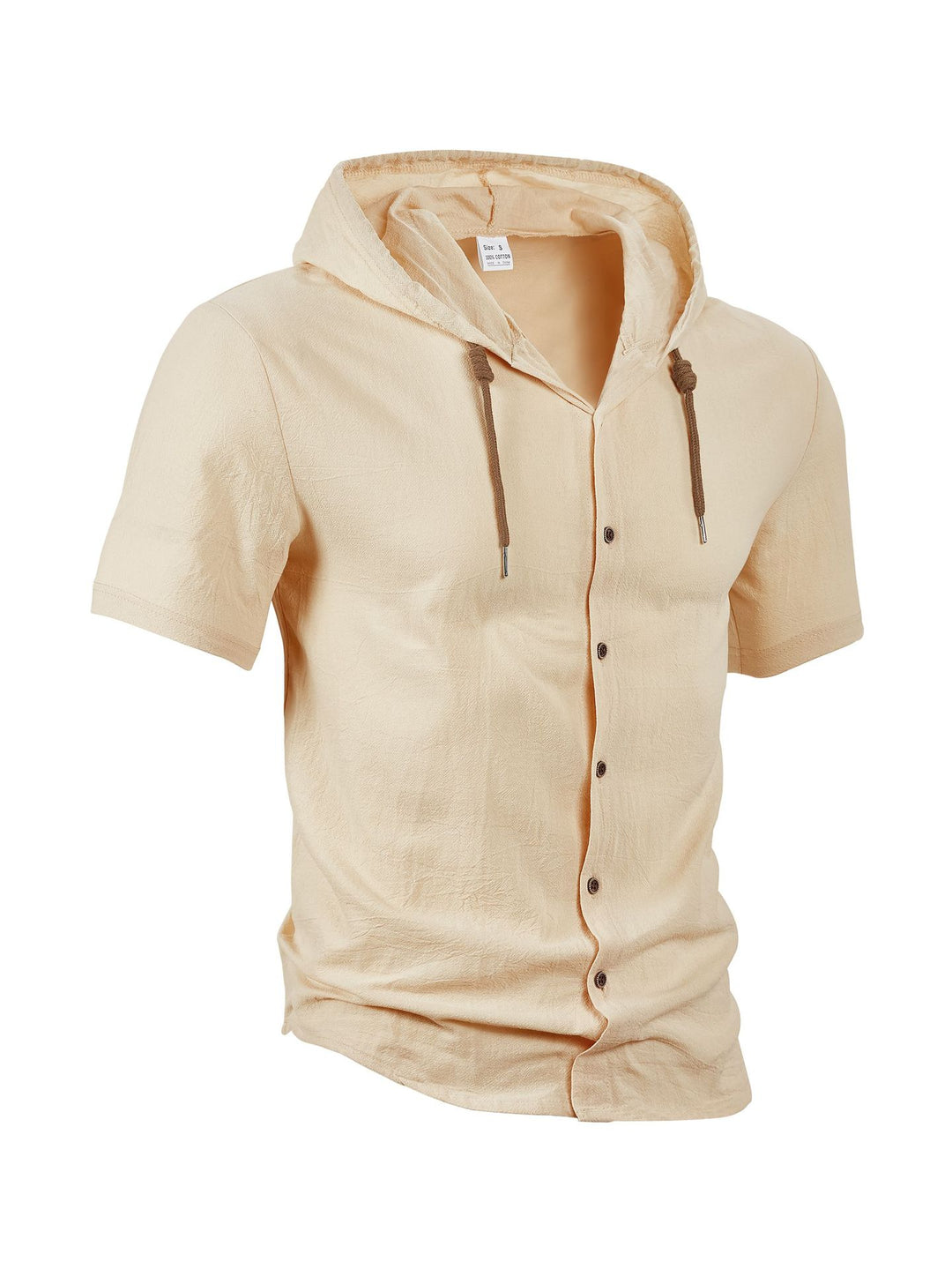 Men's crinkled short-sleeve hooded shirt made of cotton with button placket and drawstring StylebySassy