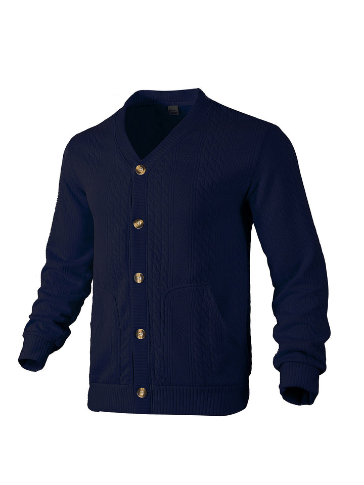 Men's elegant braided knit cardigan with V-neck button placket and patch pockets StylebySassy