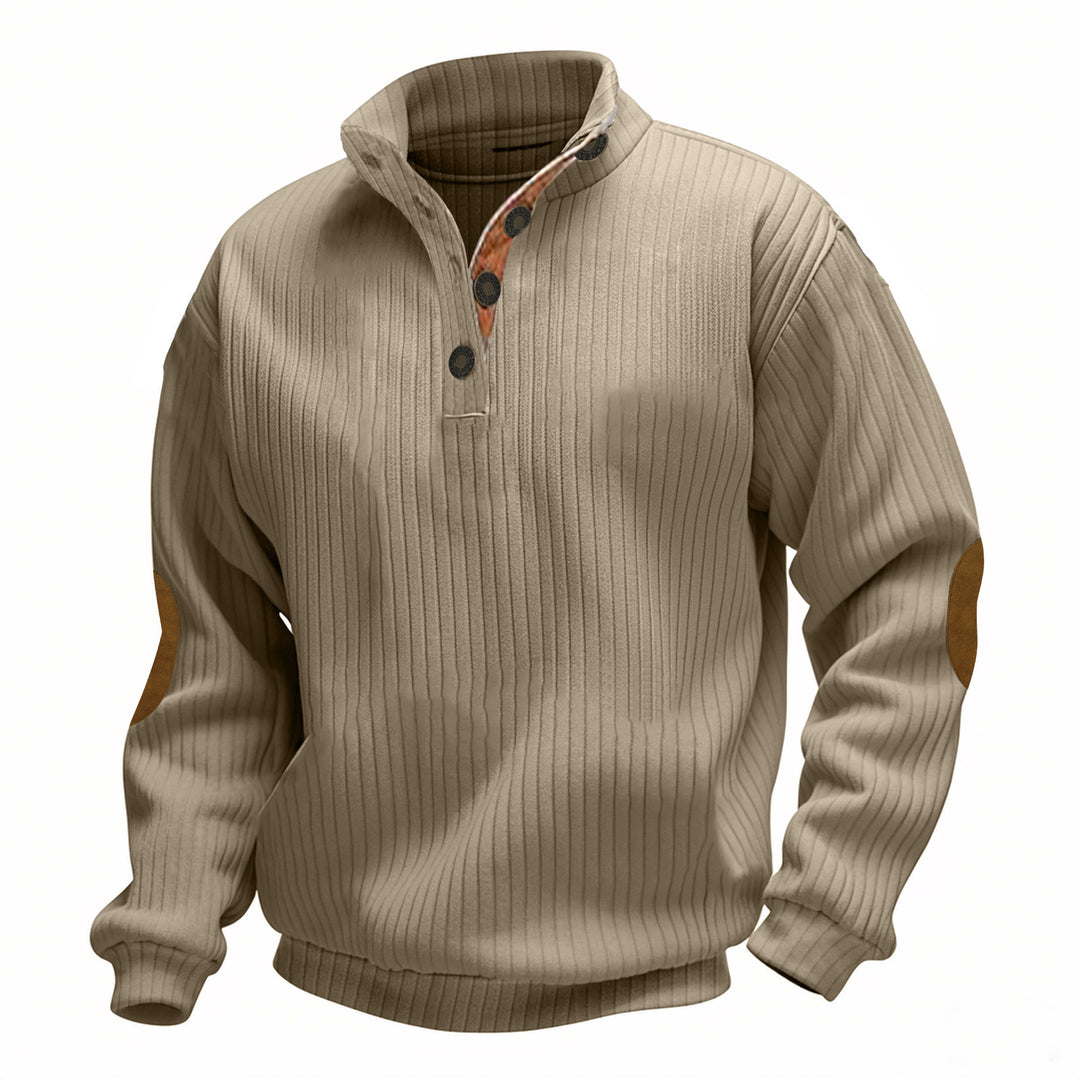 Men's cable knit turtleneck with stand-up collar, half button placket, and contrasting leather applications StylebySassy