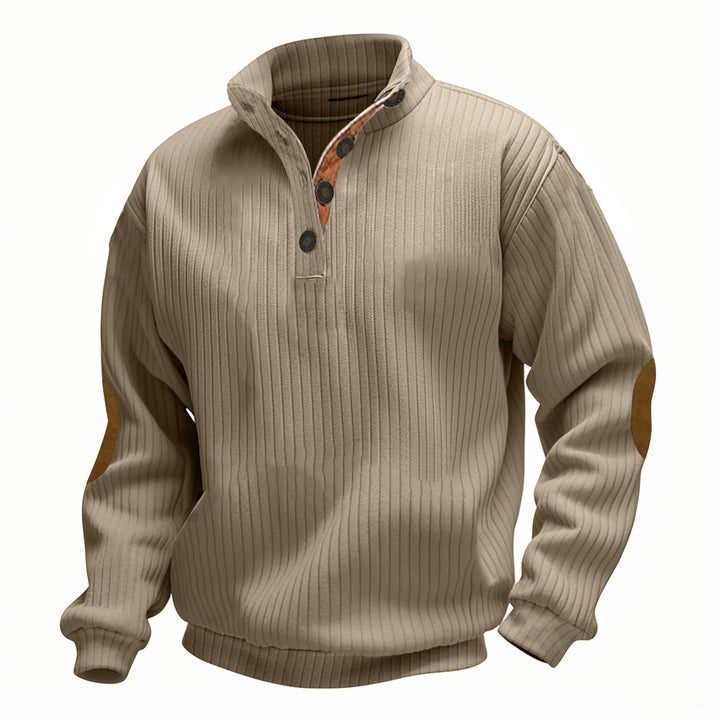Men's cable knit turtleneck with stand-up collar, half button placket, and contrasting leather applications StylebySassy