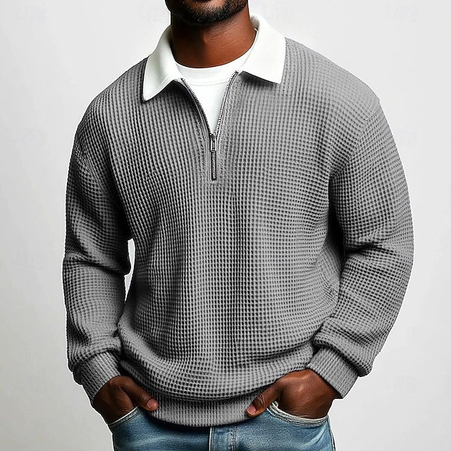 Men's structured waffle knit pullover with polo collar and short zipper StylebySassy