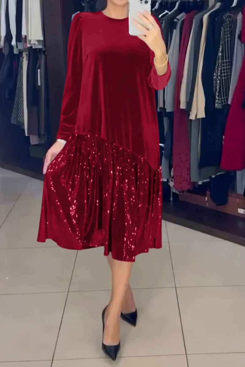 Women's Velvet Midi Dress with Pleated Sequin Skirt, Loose A-Line Cut and Round Neckline StylebySassy