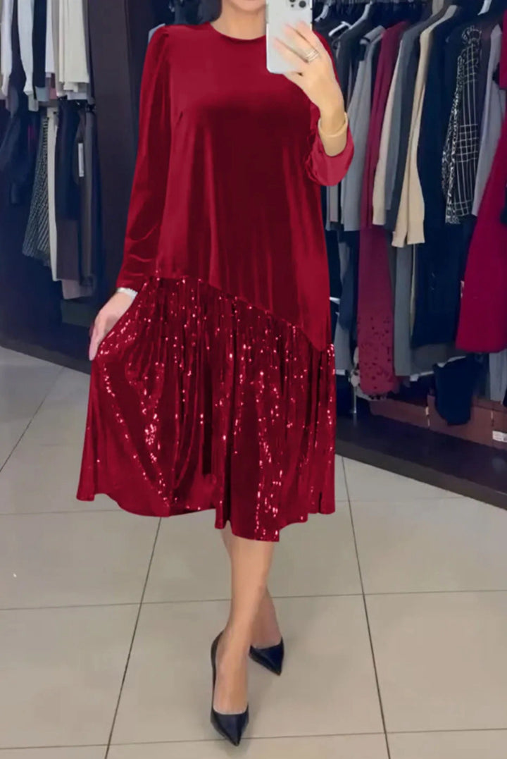 Women's Velvet Midi Dress with Pleated Sequin Skirt, Loose A-Line Cut and Round Neckline StylebySassy