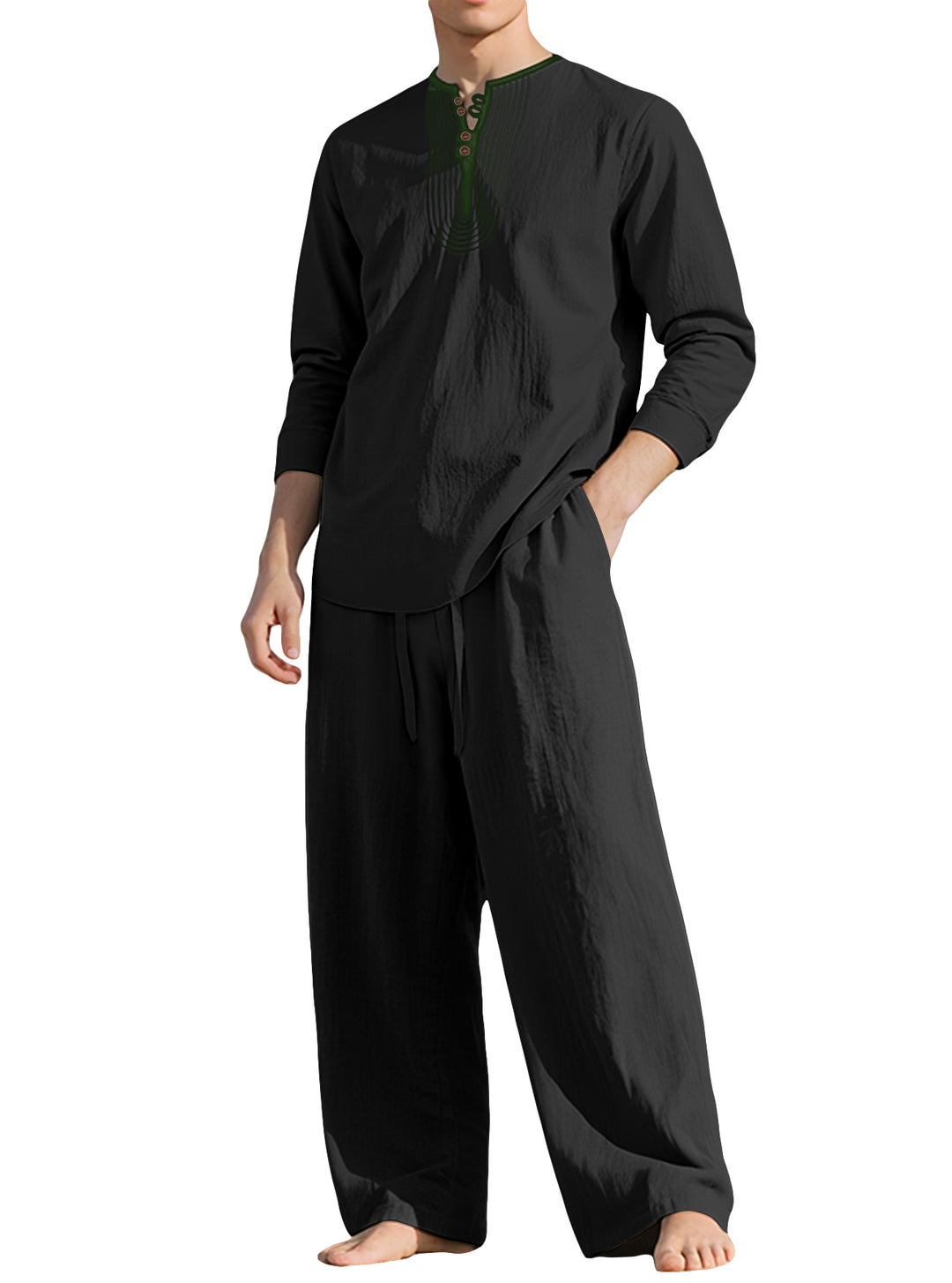 Men's tunic and Palazzo pants set with Henley placket, decorative embroidery and wide cut StylebySassy