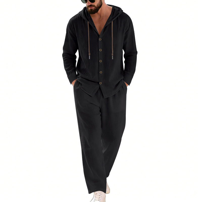Men's two-piece lounge set with button hoodie shirt made of crepe jersey and straight drawstring pants StylebySassy