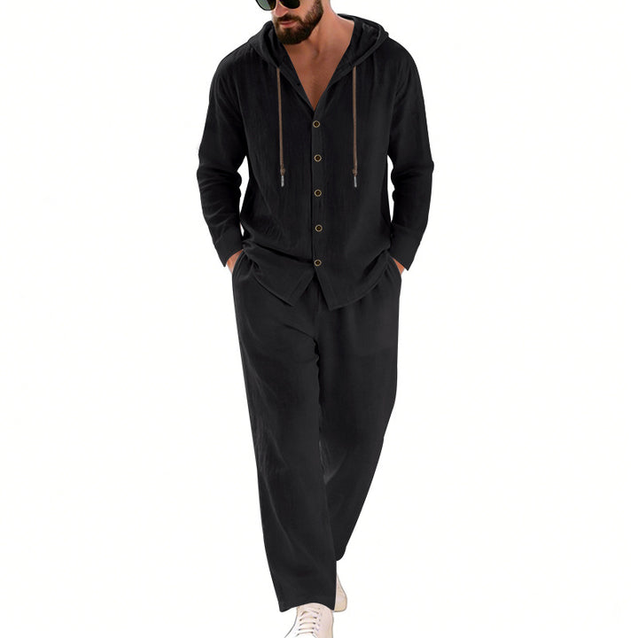 Men's two-piece lounge set with button hoodie shirt made of crepe jersey and straight drawstring pants StylebySassy