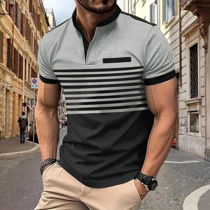 Men's short-sleeved striped short-sleeve shirt with button placket, stand-up collar and chest piping StylebySassy