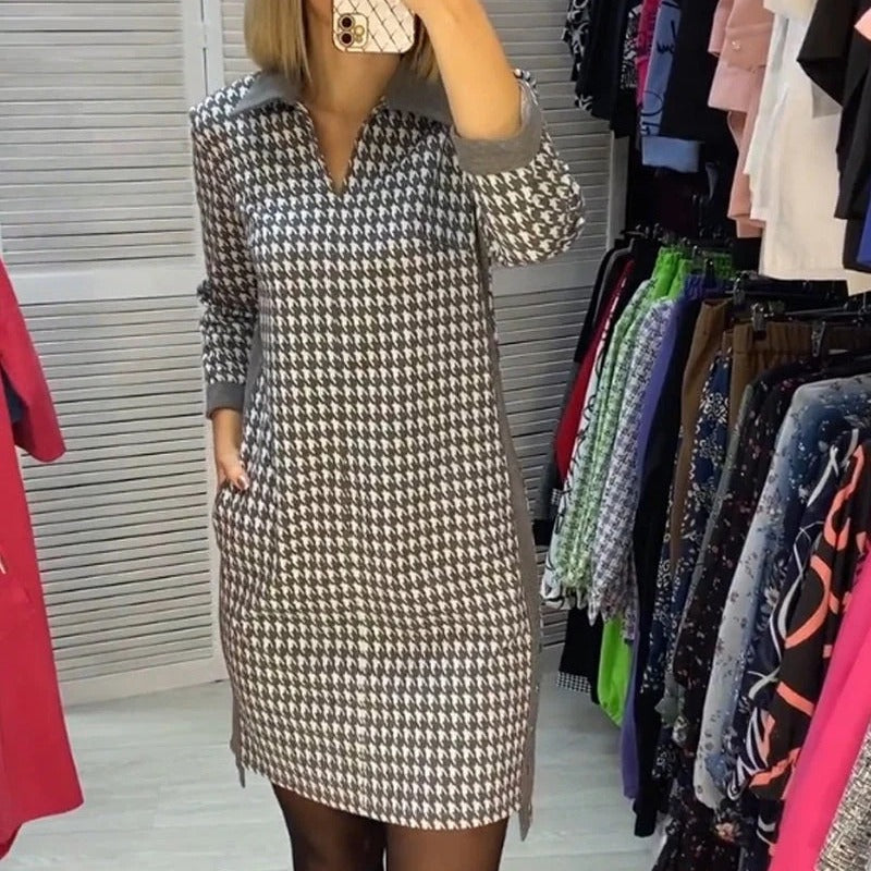 Women houndstooth knit dress with turned-down collar, V-neck, side pockets, and side slits StylebySassy