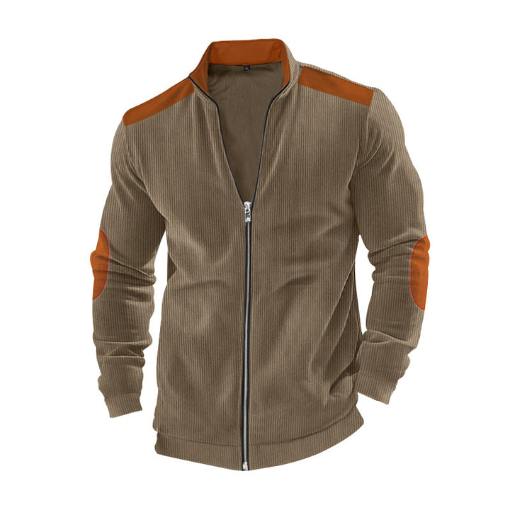 Men's ribbed leisure jacket with stand-up collar, full-length zipper and elbow and shoulder patches StylebySassy