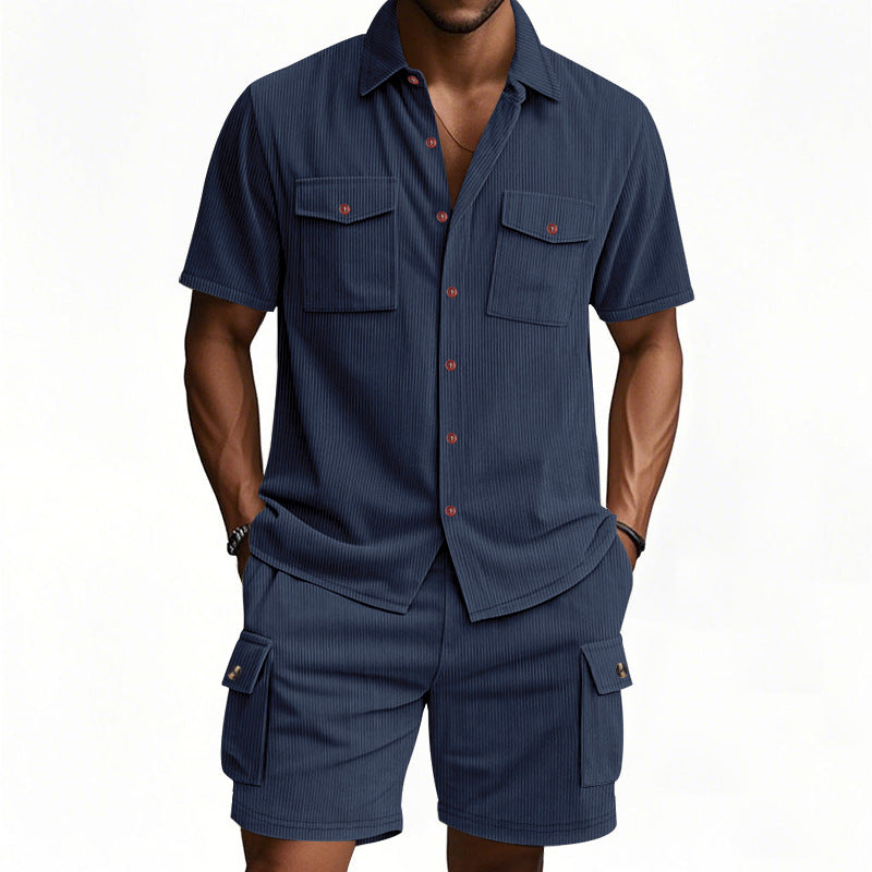 Men's structured short-sleeve shirt and bermuda set with flap pockets and elastic waistband StylebySassy