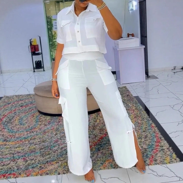 Women's two-piece shirt and cargo pants set with short oversized shirt, high waist, wide leg, and side leg slits StylebySassy