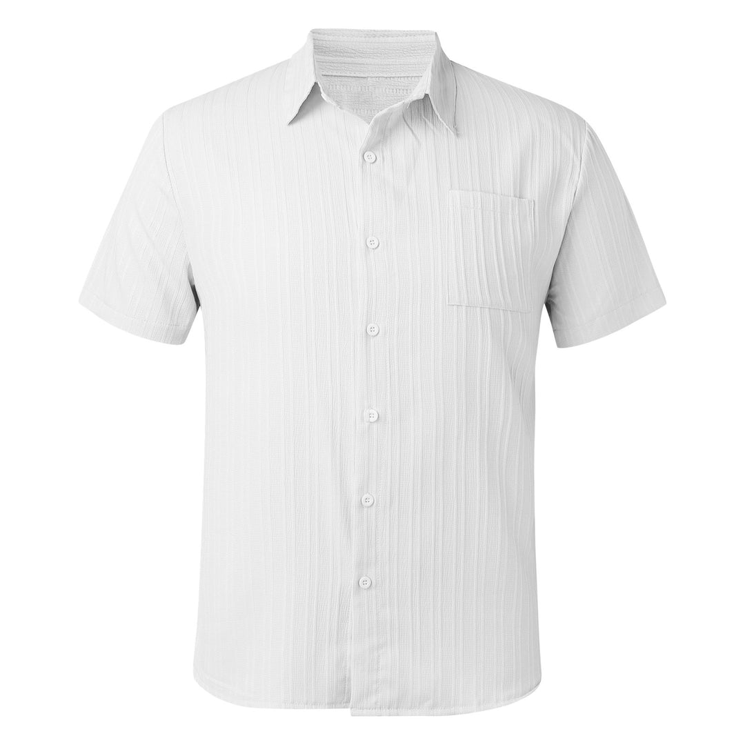 Men's short-sleeved seersucker shirt with chest pocket and fine stripe texture StylebySassy