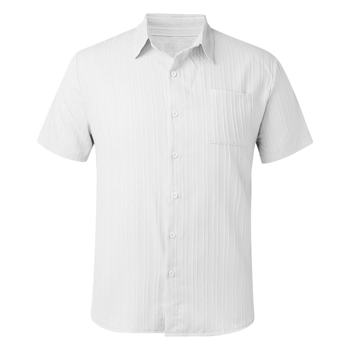 Men's short-sleeved seersucker shirt with chest pocket and fine stripe texture StylebySassy
