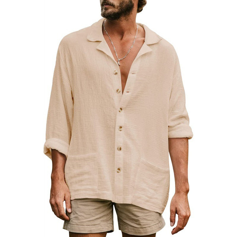Men's airy cotton gauze shirt with open lapel collar, full button placket, and patch pockets StylebySassy