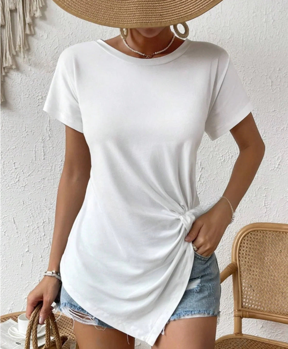 Women's asymmetrical knot shirt with side twist and elongated pointed hem StylebySassy