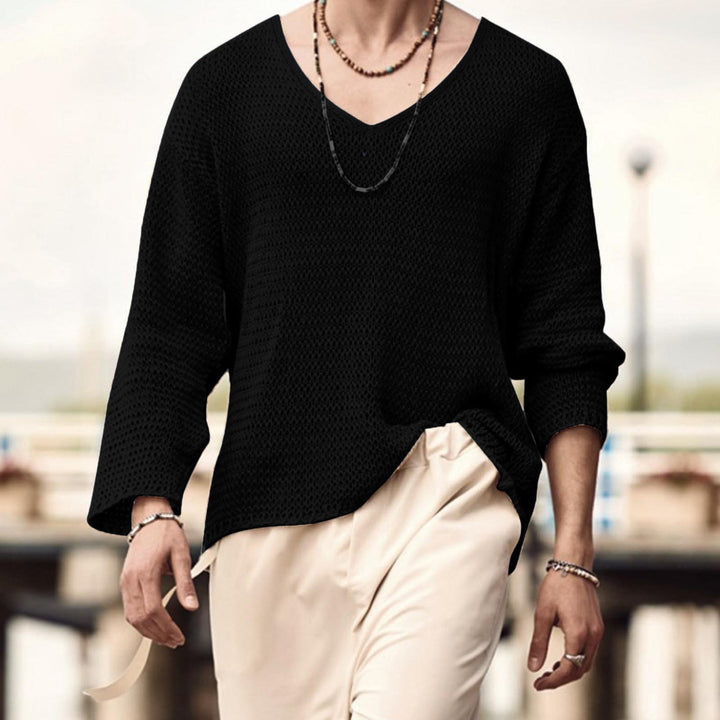 Men's structured waffle knit long sleeve shirt with V-neck and warming thermoeffect StylebySassy