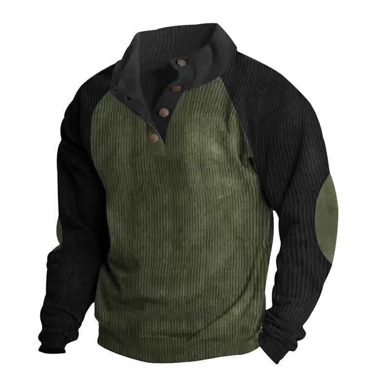 Men's corduroy half-button pullover with high collar, raglan sleeves and elbow patches StylebySassy