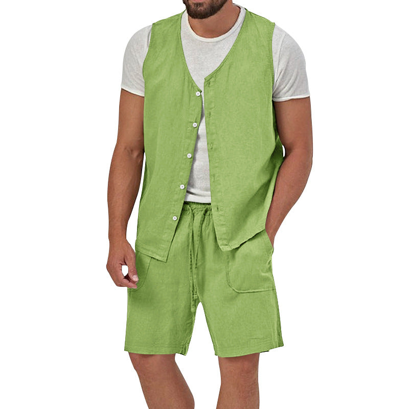 Men's two-piece leisure set with sleeveless button vest and wide drawstring shorts with patch pockets StylebySassy