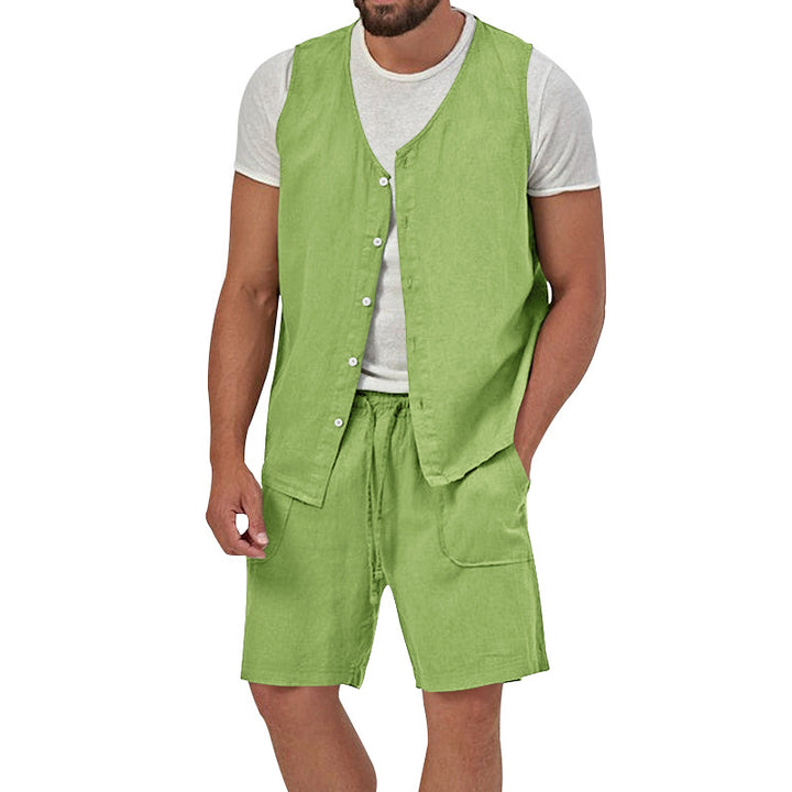 Men's two-piece leisure set with sleeveless button vest and wide drawstring shorts with patch pockets StylebySassy