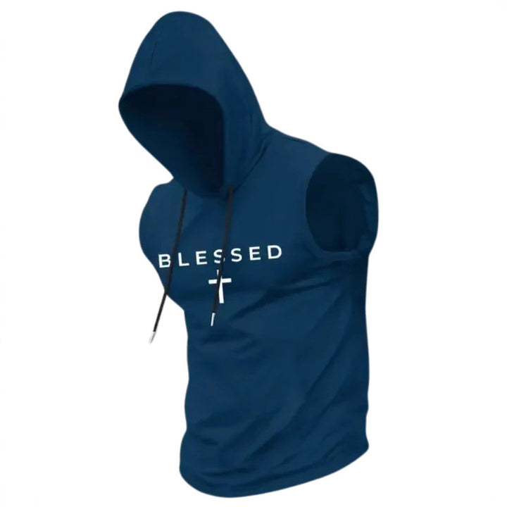 Men's sleeveless hoodie sweatshirt with slogan print and athletic fit StylebySassy