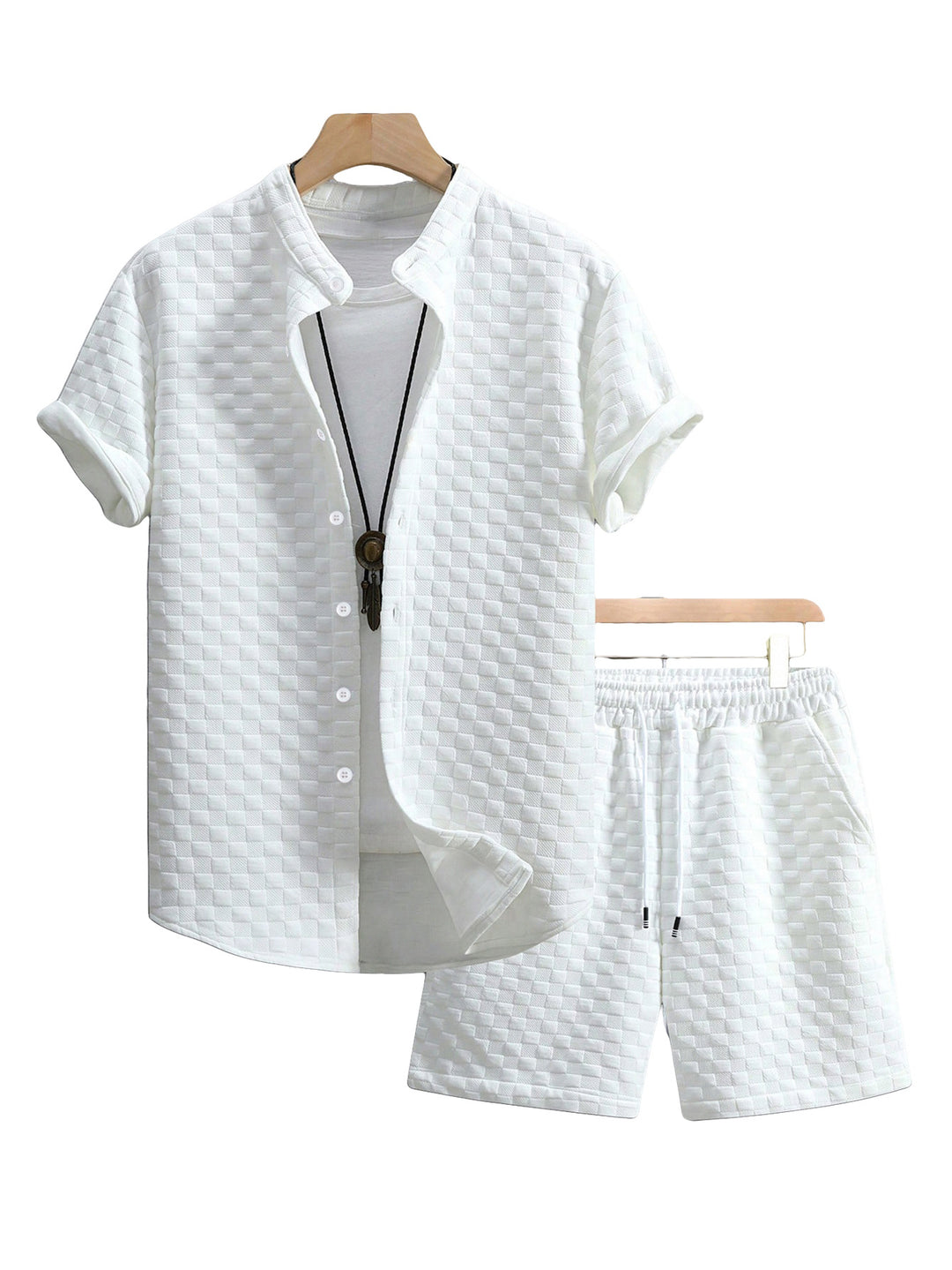 Men's two-piece summer ensemble with stand-up collar shirt jacket and elastic comfort shorts in embossed checked texture StylebySassy