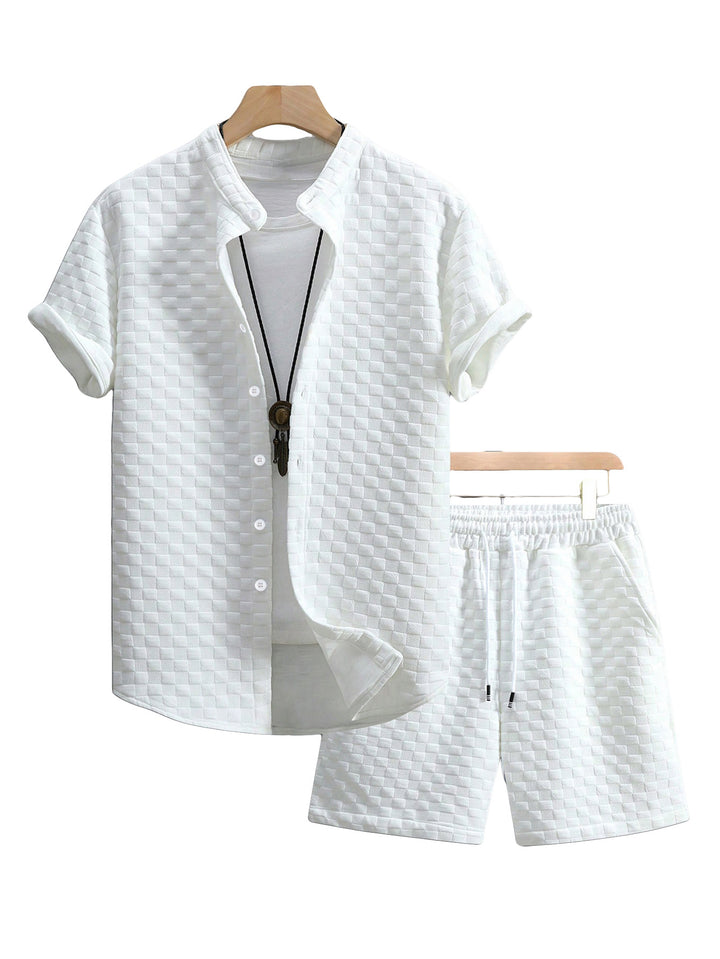 Men's two-piece summer ensemble with stand-up collar shirt jacket and elastic comfort shorts in embossed checked texture StylebySassy