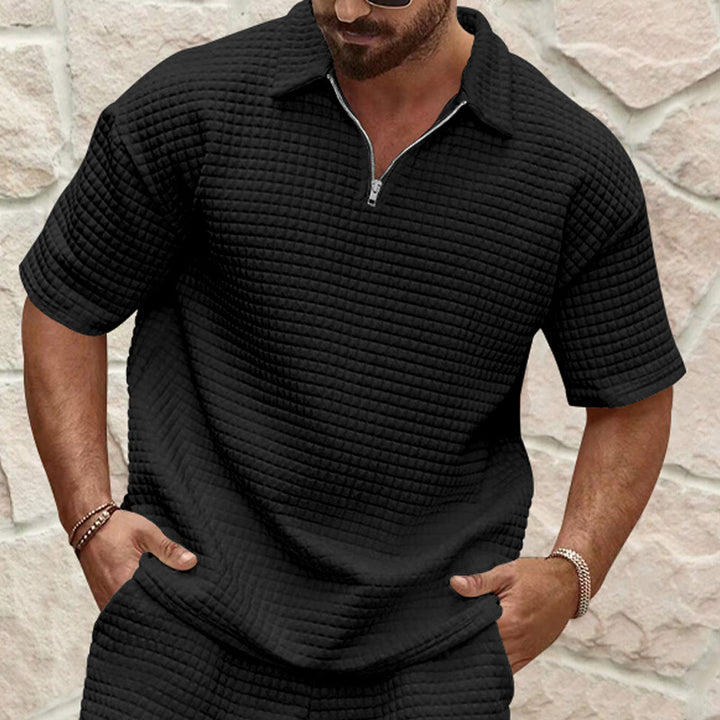 Men's polo collar ensemble with quilted box pattern, short front zipper and loose fit StylebySassy