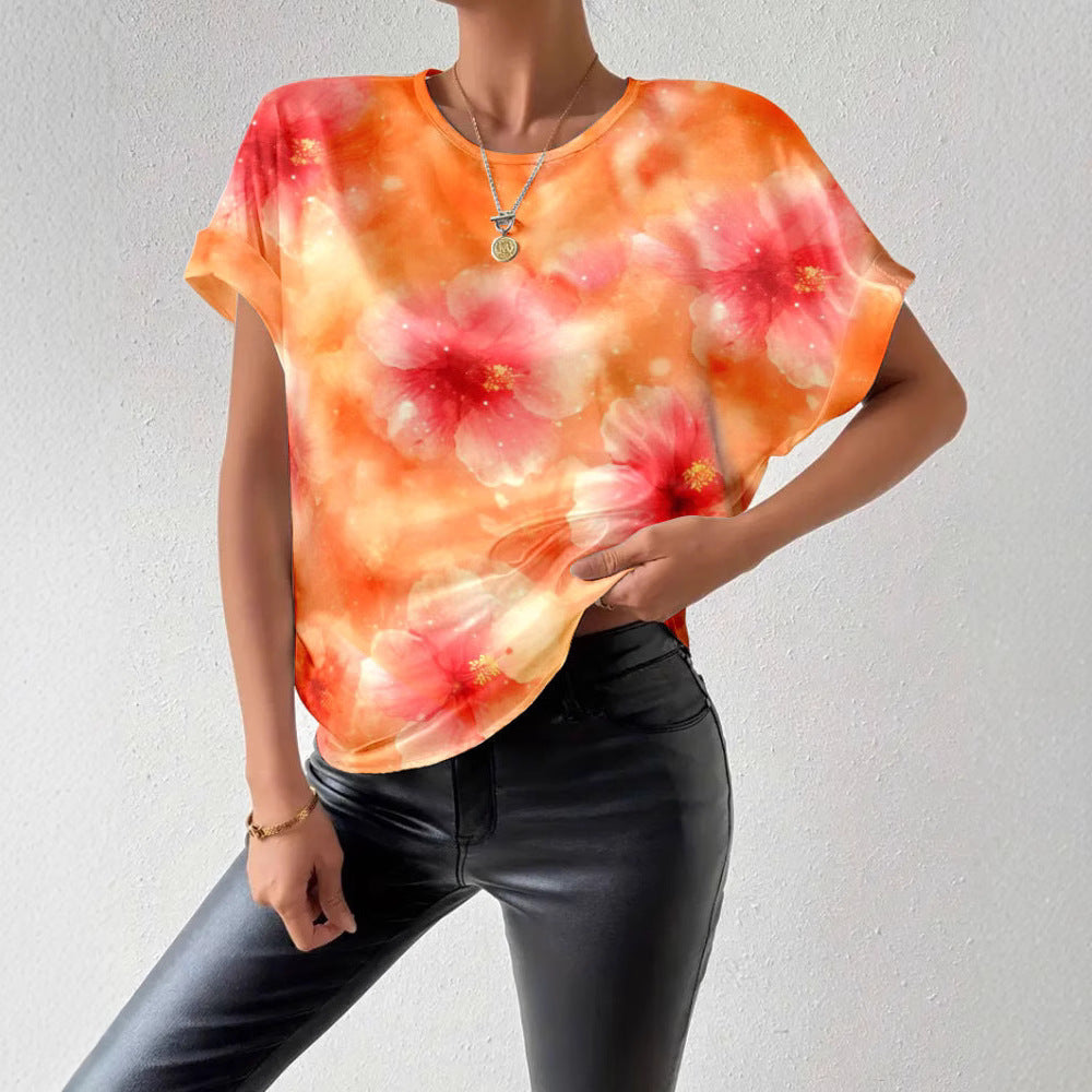 Women's loose short blouse shirt in silky look with watercolor flower print and rolled-up sleeves StylebySassy