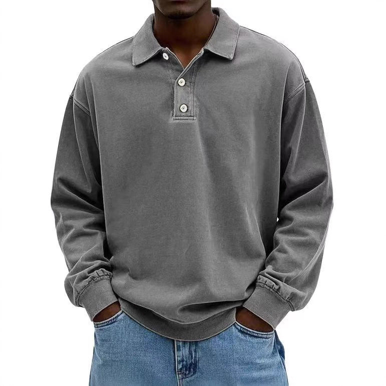 Men's casual polo shirt sweatshirt with collar, vintage wash and three-piece button placket StylebySassy