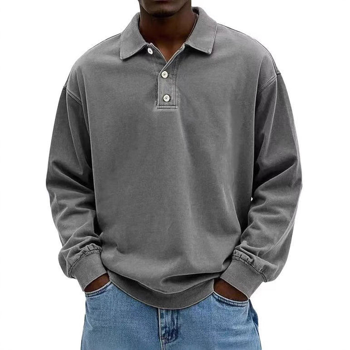 Men's casual polo shirt sweatshirt with collar, vintage wash and three-piece button placket StylebySassy