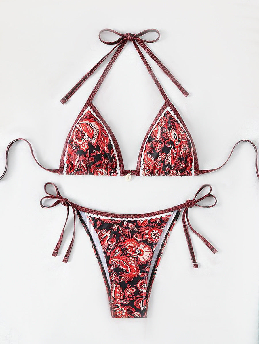 Women's triangle bikini set with adjustable tie straps and floral design StylebySassy