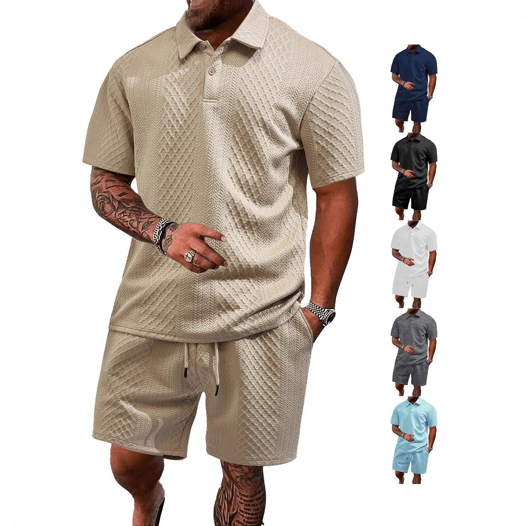 Men's embossed waffle polo with Kent collar and elastic drawstring shorts set StylebySassy