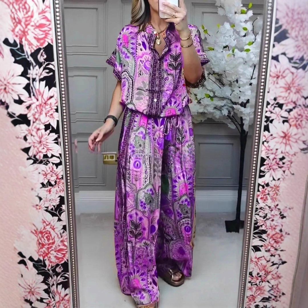 Women's Boho two-piece made of lightweight viscose with short-sleeve blouse, button placket, drawstring waistband, and wide palazzo pants StylebySassy