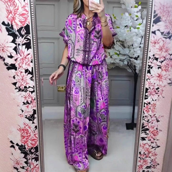 Women's Boho two-piece made of lightweight viscose with short-sleeve blouse, button placket, drawstring waistband, and wide palazzo pants StylebySassy