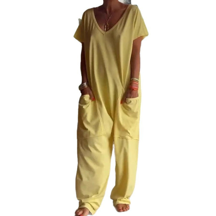 Women's comfortable oversized jumpsuit with V-neck, deep crotch and inset pockets StylebySassy
