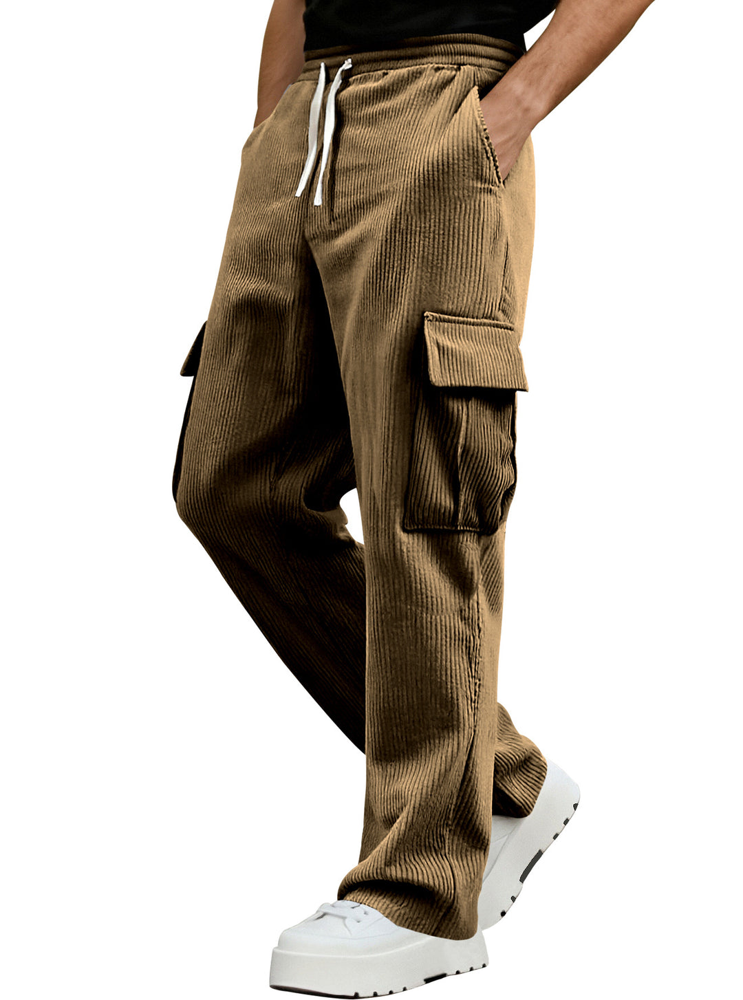 Men's casual corduroy cargo pants with elastic drawstring waist, straight leg, and flap pockets StylebySassy