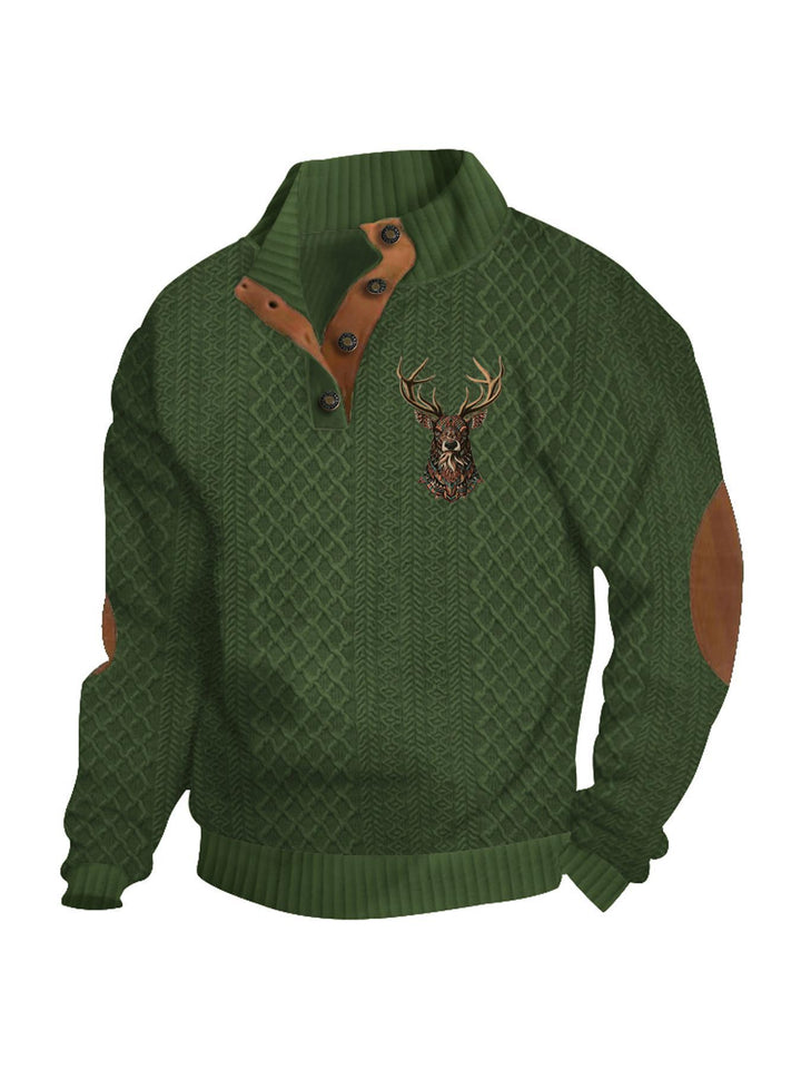 Men's nan Heritage textured pullover with stand-up collar faux leather trim elbow patches and half-button placket StylebySassy