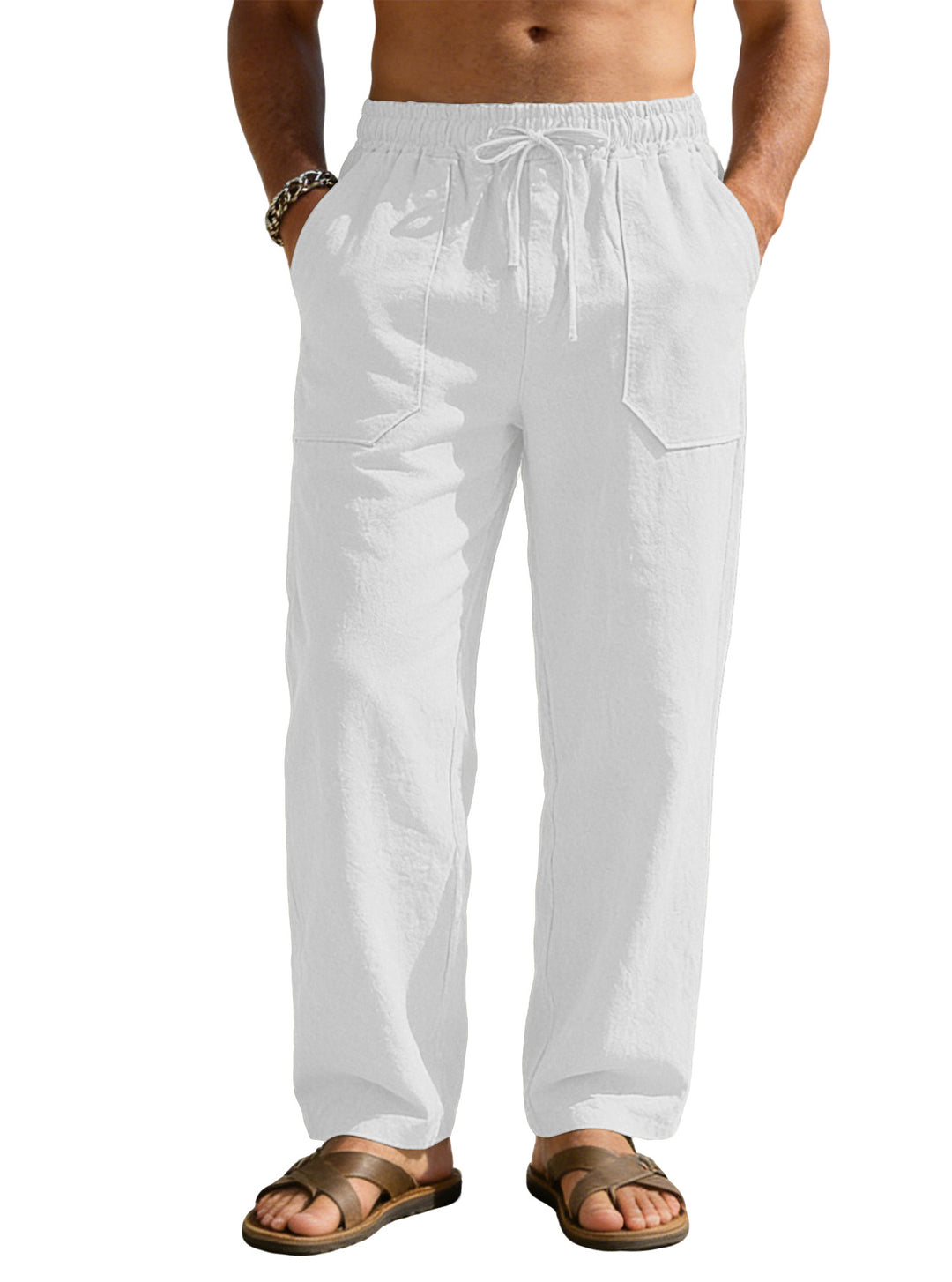 Men's wide Relaxed pants made of linen blend with drawstring waistband and patch leg pockets StylebySassy