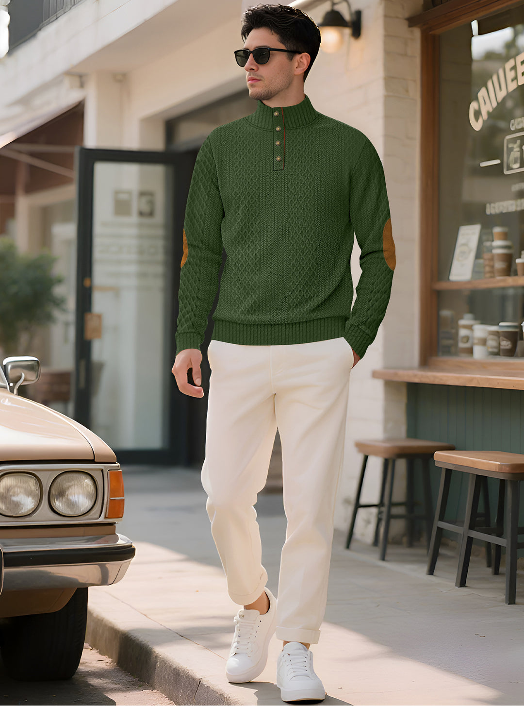 Men's noble button sweater in cable pattern with high stand-up collar and suede elbow patches StylebySassy