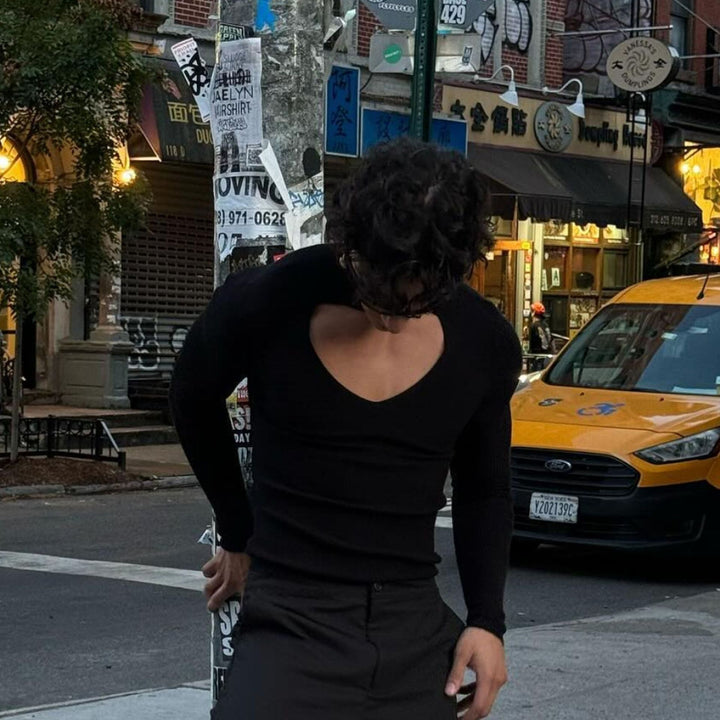 Women’s figure-hugging long sleeve top with cut-out and stand collar StylebySassy