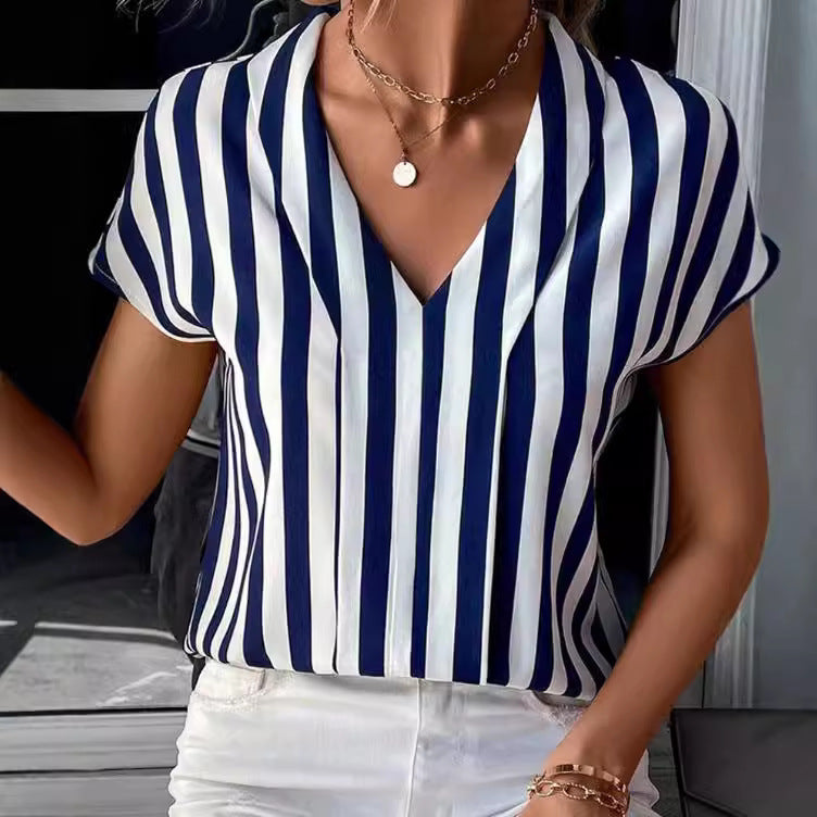 Women's striped blouse top with stand-up collar, V-neck and cap sleeves StylebySassy