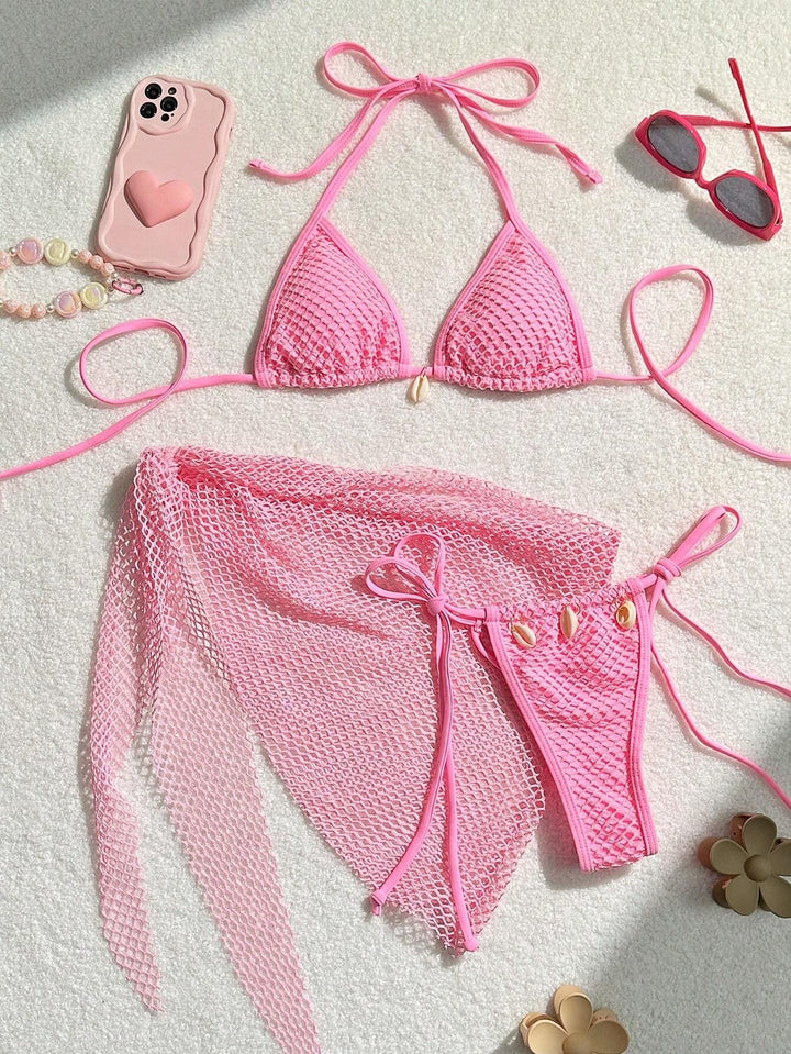 Women's triangle bikini with transparent mesh fabric and lacing details StylebySassy